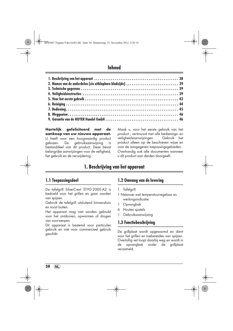 Inhoud, Beschrijving van het apparaat | Silvercrest STYG 2000 A2 User Manual | Page 40 / 62
