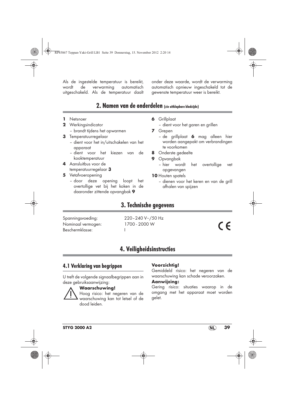 Namen van de onderdelen, Technische gegevens, Veiligheidsinstructies | 1 verklaring van begrippen | Silvercrest STYG 2000 A2 User Manual | Page 41 / 62