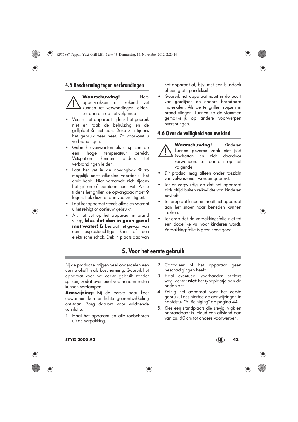 Voor het eerste gebruik, 5 bescherming tegen verbrandingen, 6 over de veiligheid van uw kind | Silvercrest STYG 2000 A2 User Manual | Page 45 / 62