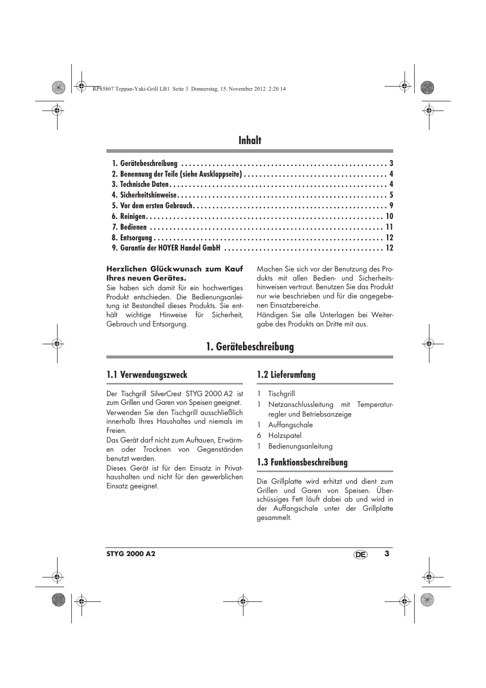 Inhalt, Gerätebeschreibung | Silvercrest STYG 2000 A2 User Manual | Page 5 / 62