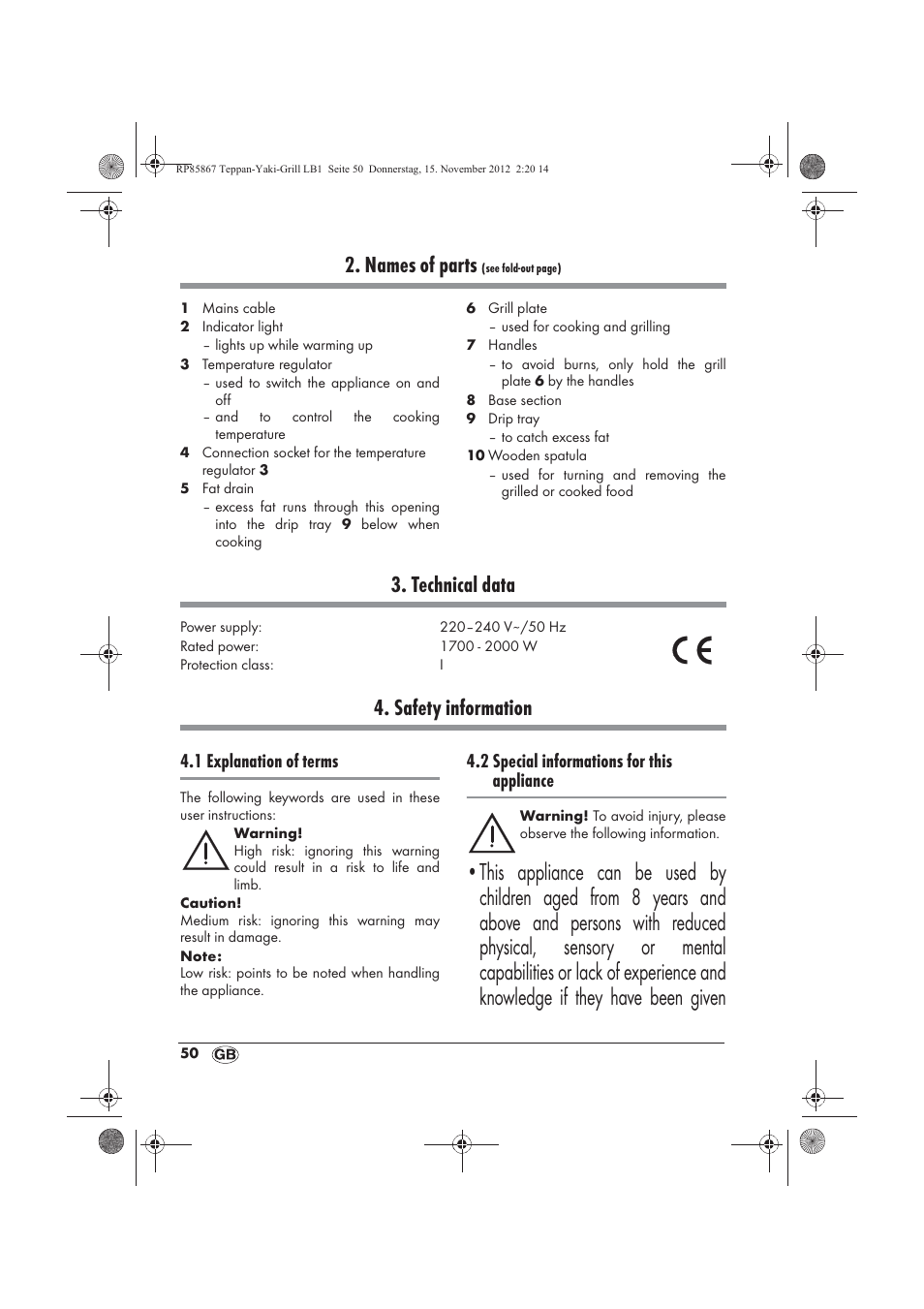 Names of parts, Technical data, Safety information | 1 explanation of terms, 2 special informations for this appliance | Silvercrest STYG 2000 A2 User Manual | Page 52 / 62