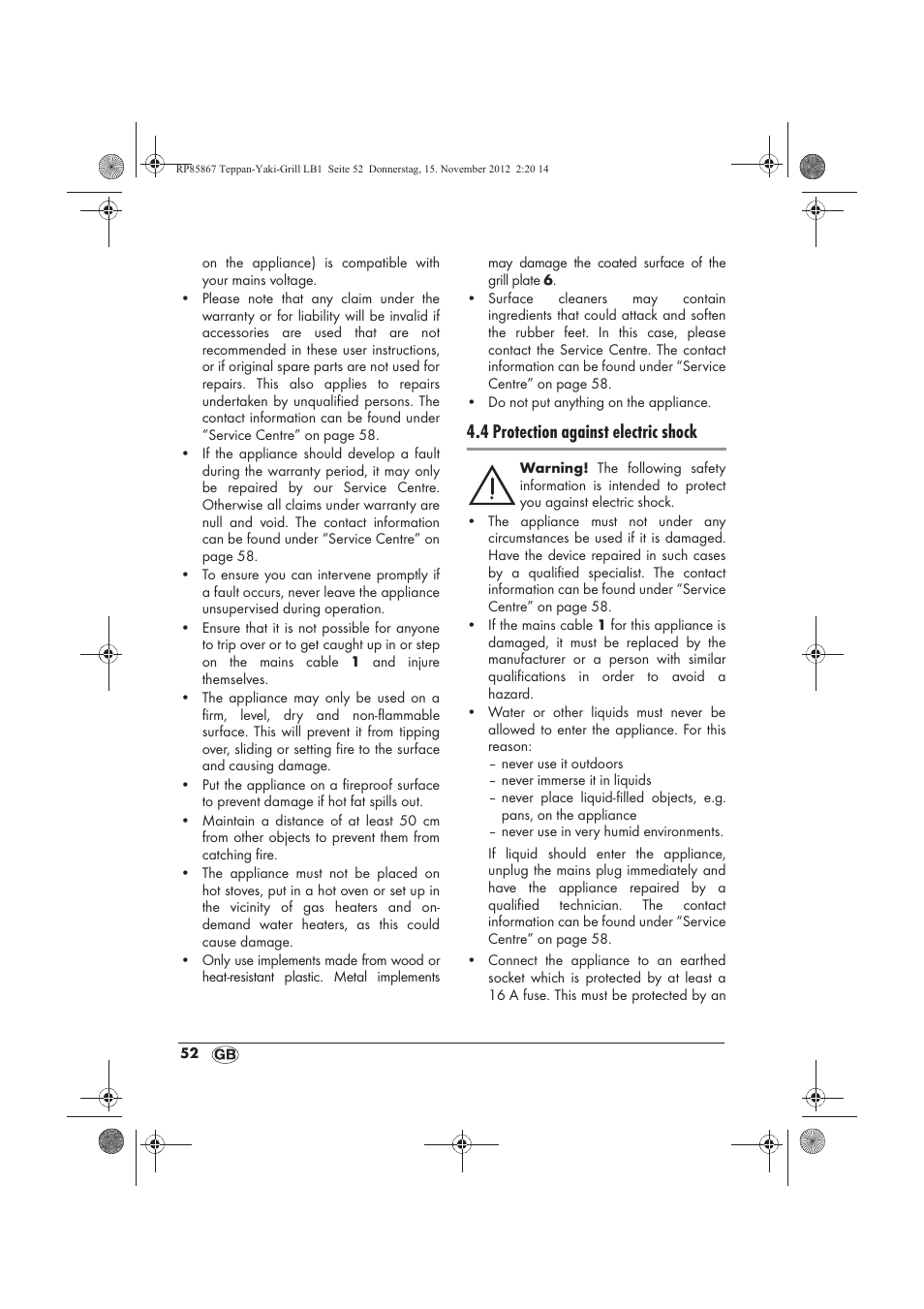 4 protection against electric shock | Silvercrest STYG 2000 A2 User Manual | Page 54 / 62