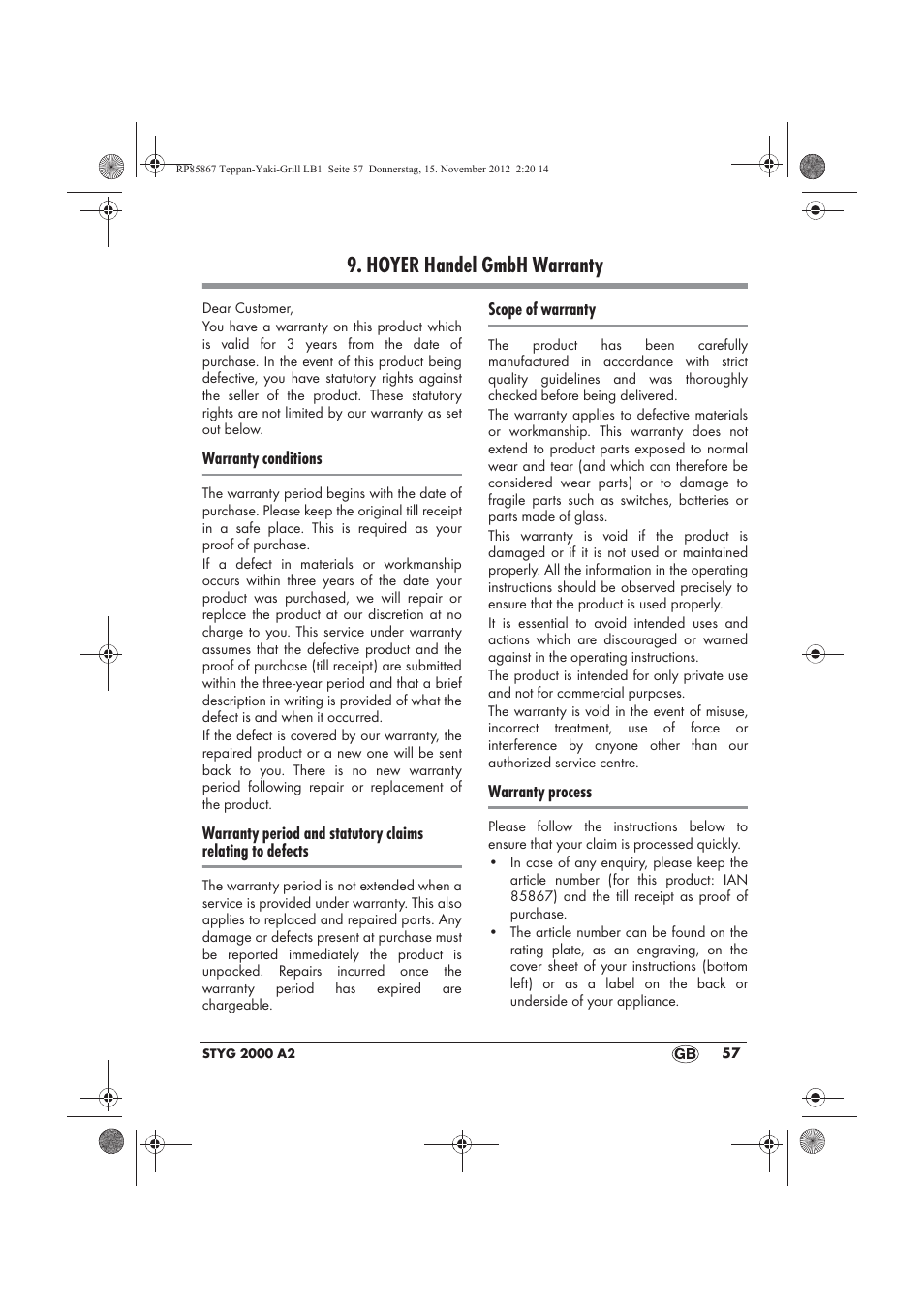 Hoyer handel gmbh warranty | Silvercrest STYG 2000 A2 User Manual | Page 59 / 62