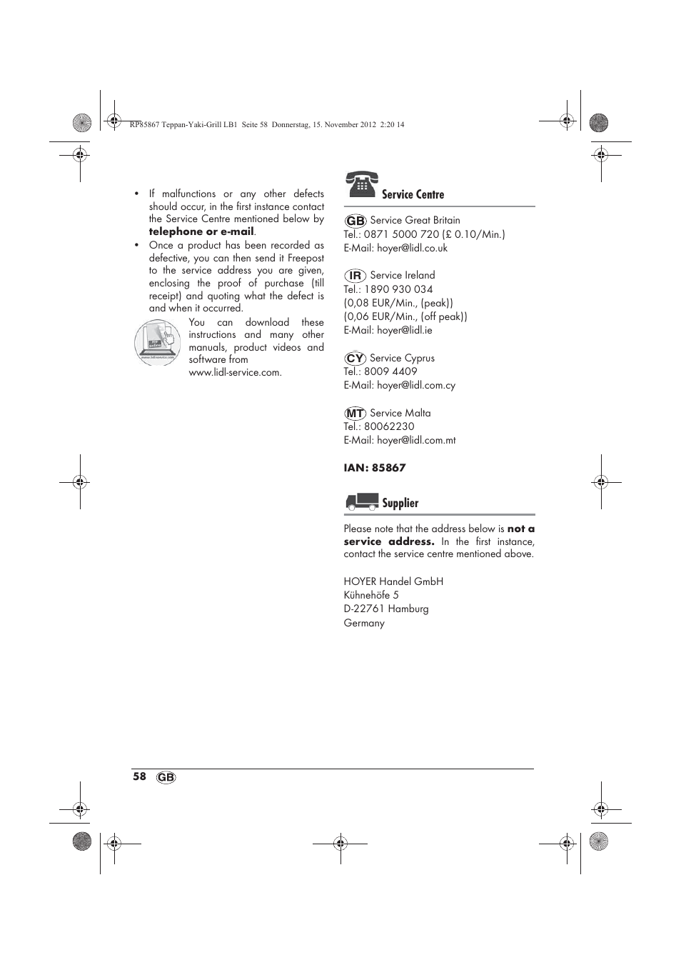 Service centre, Supplier | Silvercrest STYG 2000 A2 User Manual | Page 60 / 62