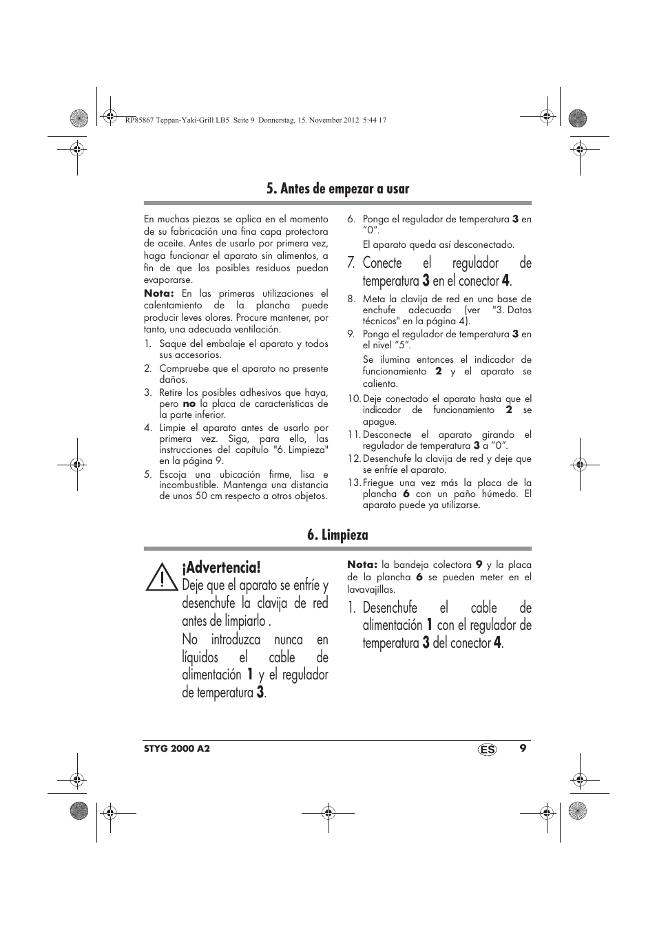 Antes de empezar a usar, Limpieza | Silvercrest STYG 2000 A2 User Manual | Page 11 / 62