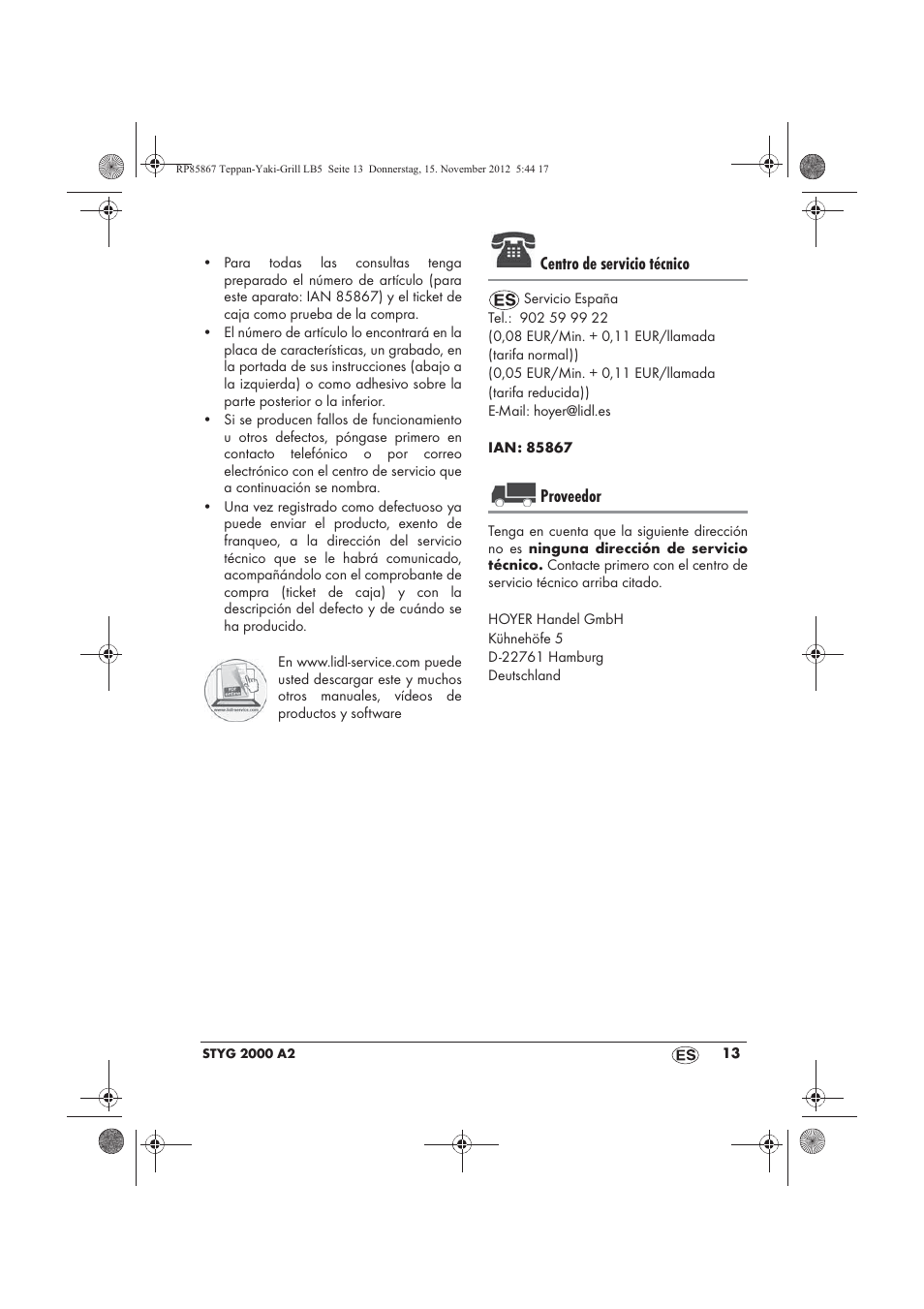 Centro de servicio técnico, Proveedor | Silvercrest STYG 2000 A2 User Manual | Page 15 / 62
