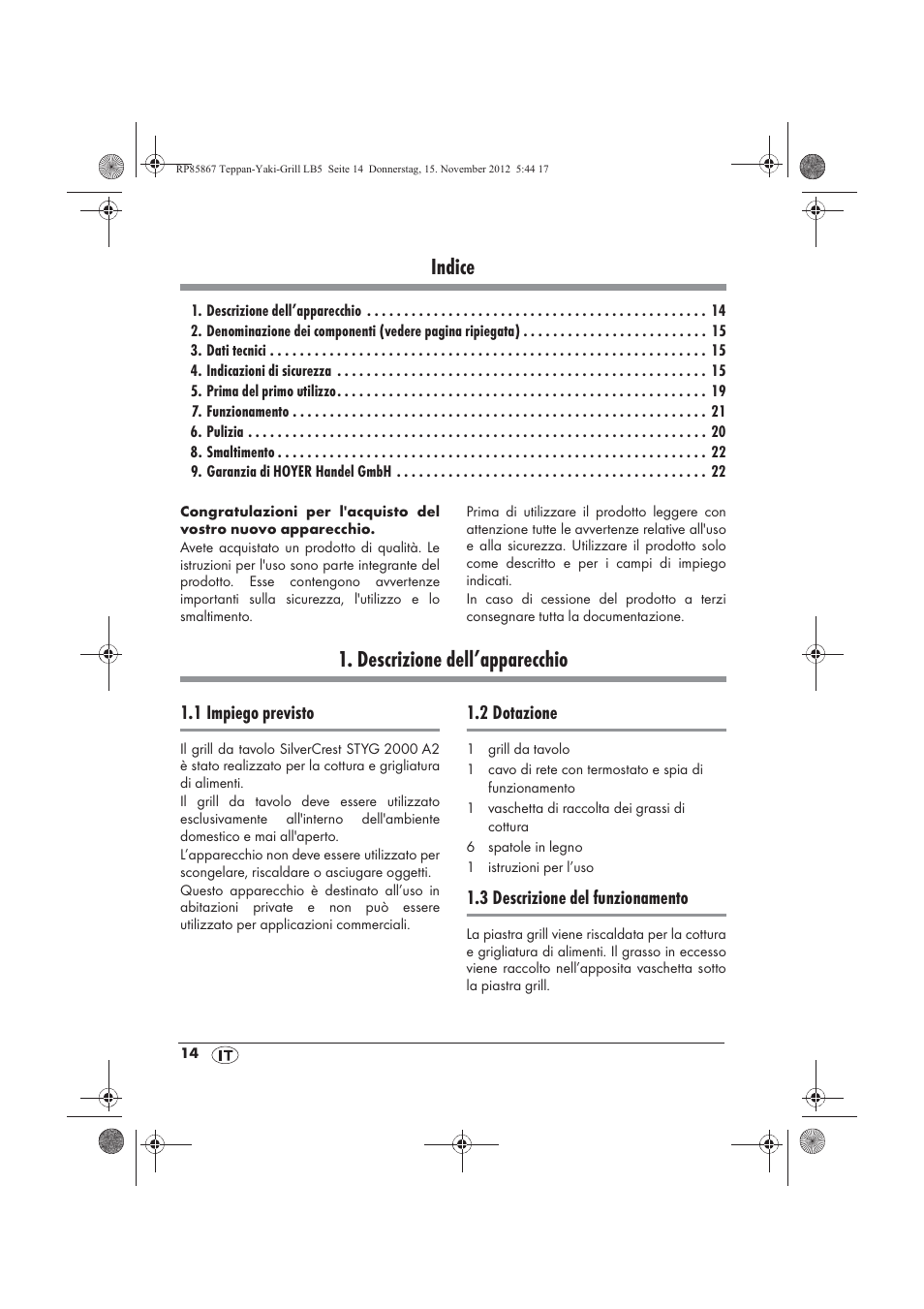 Indice, Descrizione dell’apparecchio | Silvercrest STYG 2000 A2 User Manual | Page 16 / 62