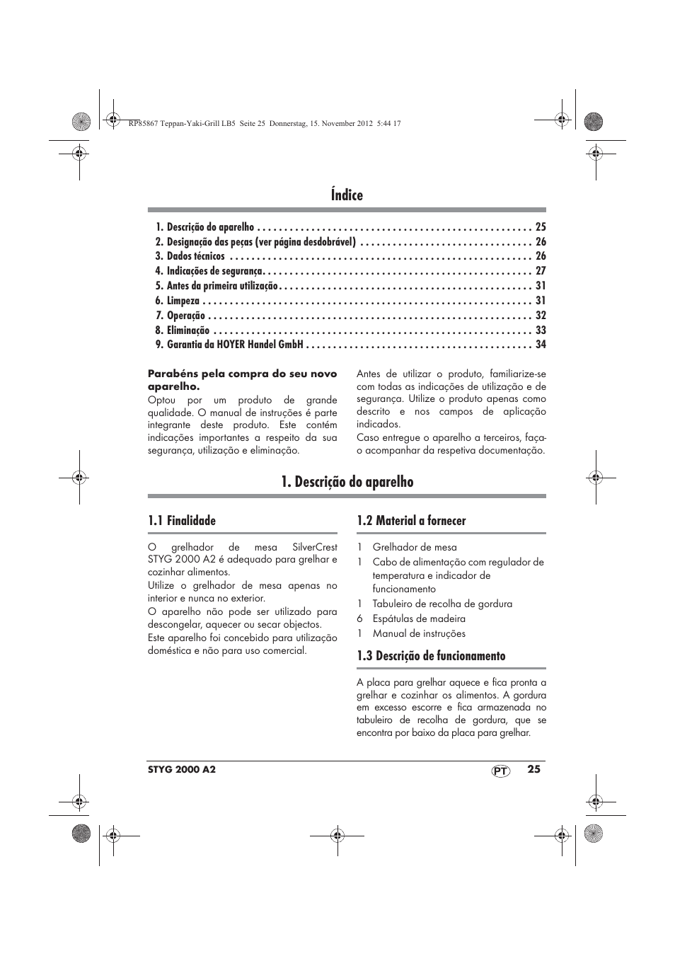 Índice, Descrição do aparelho | Silvercrest STYG 2000 A2 User Manual | Page 27 / 62