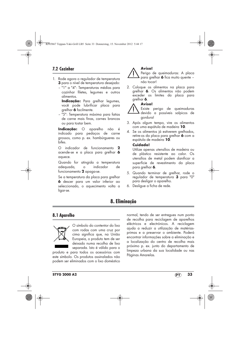 Eliminação, 2 cozinhar, 1 aparelho | Silvercrest STYG 2000 A2 User Manual | Page 35 / 62