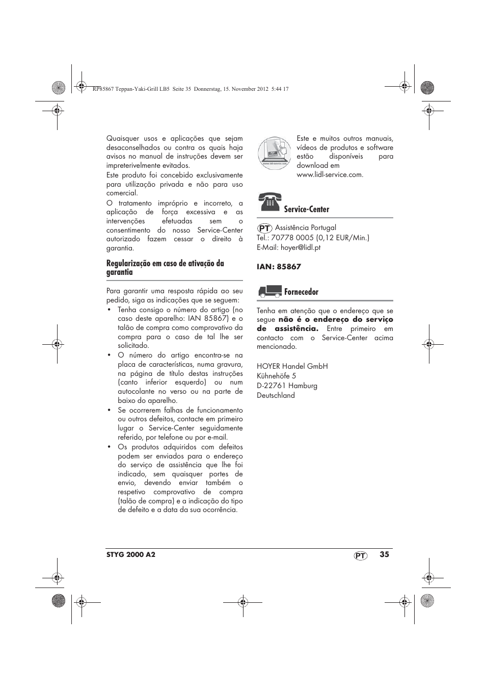 Regularização em caso de ativação da garantia, Service-center, Fornecedor | Silvercrest STYG 2000 A2 User Manual | Page 37 / 62