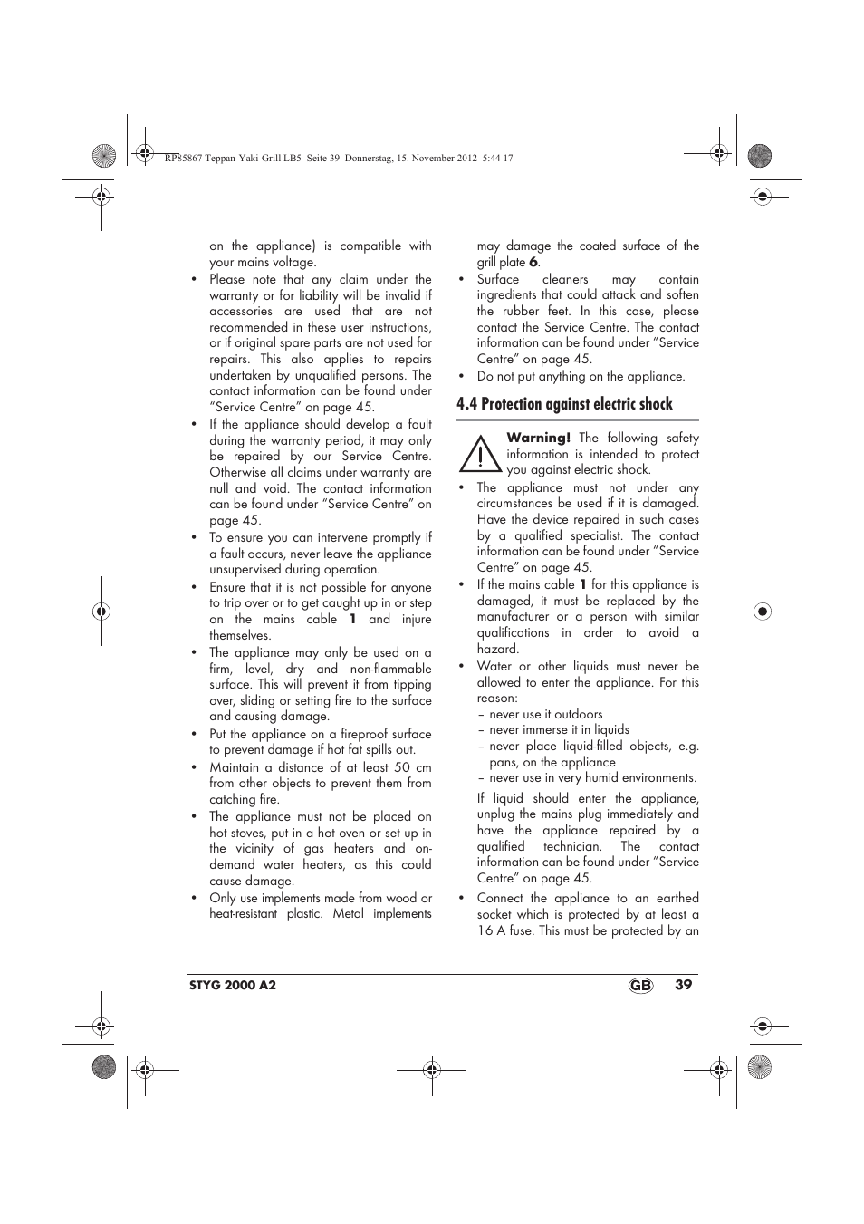 4 protection against electric shock | Silvercrest STYG 2000 A2 User Manual | Page 41 / 62
