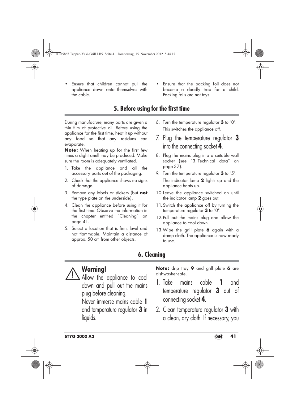 Before using for the first time, Cleaning | Silvercrest STYG 2000 A2 User Manual | Page 43 / 62