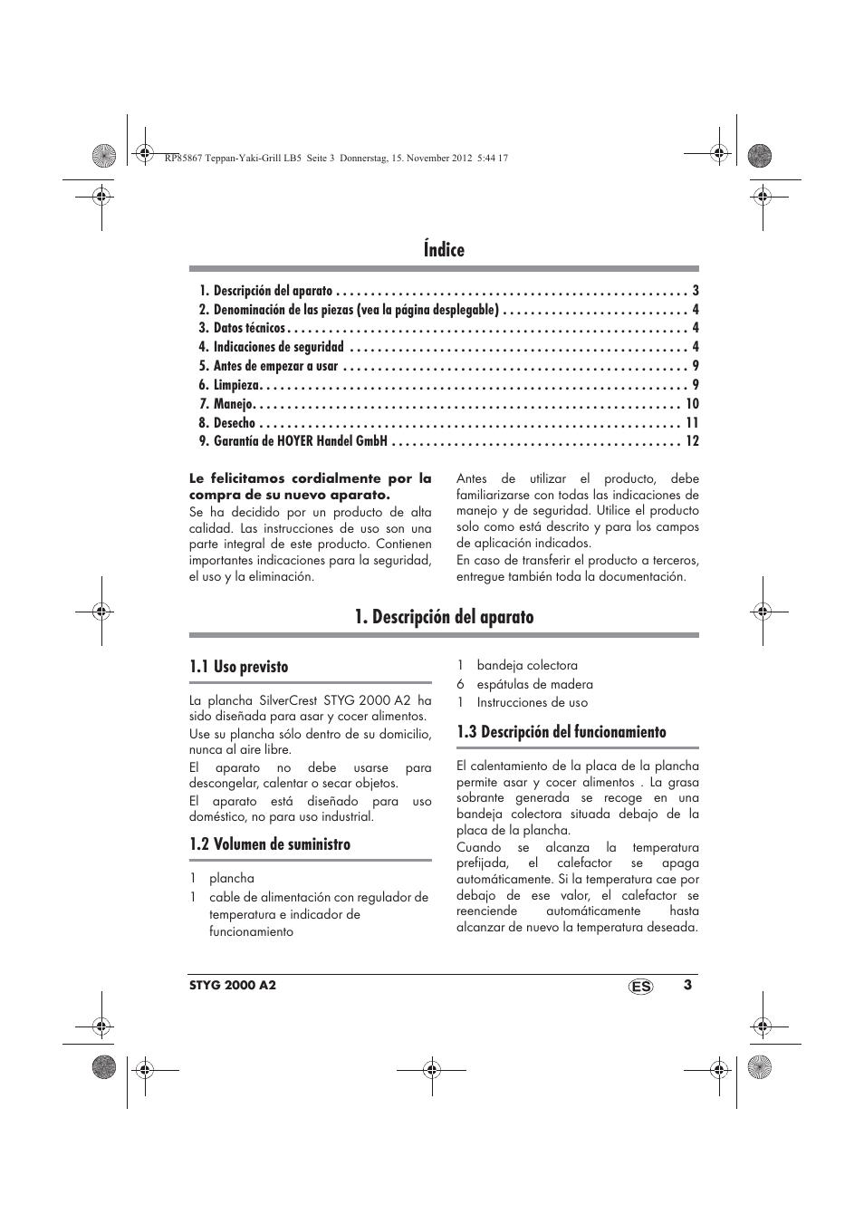 Índice, Descripción del aparato | Silvercrest STYG 2000 A2 User Manual | Page 5 / 62