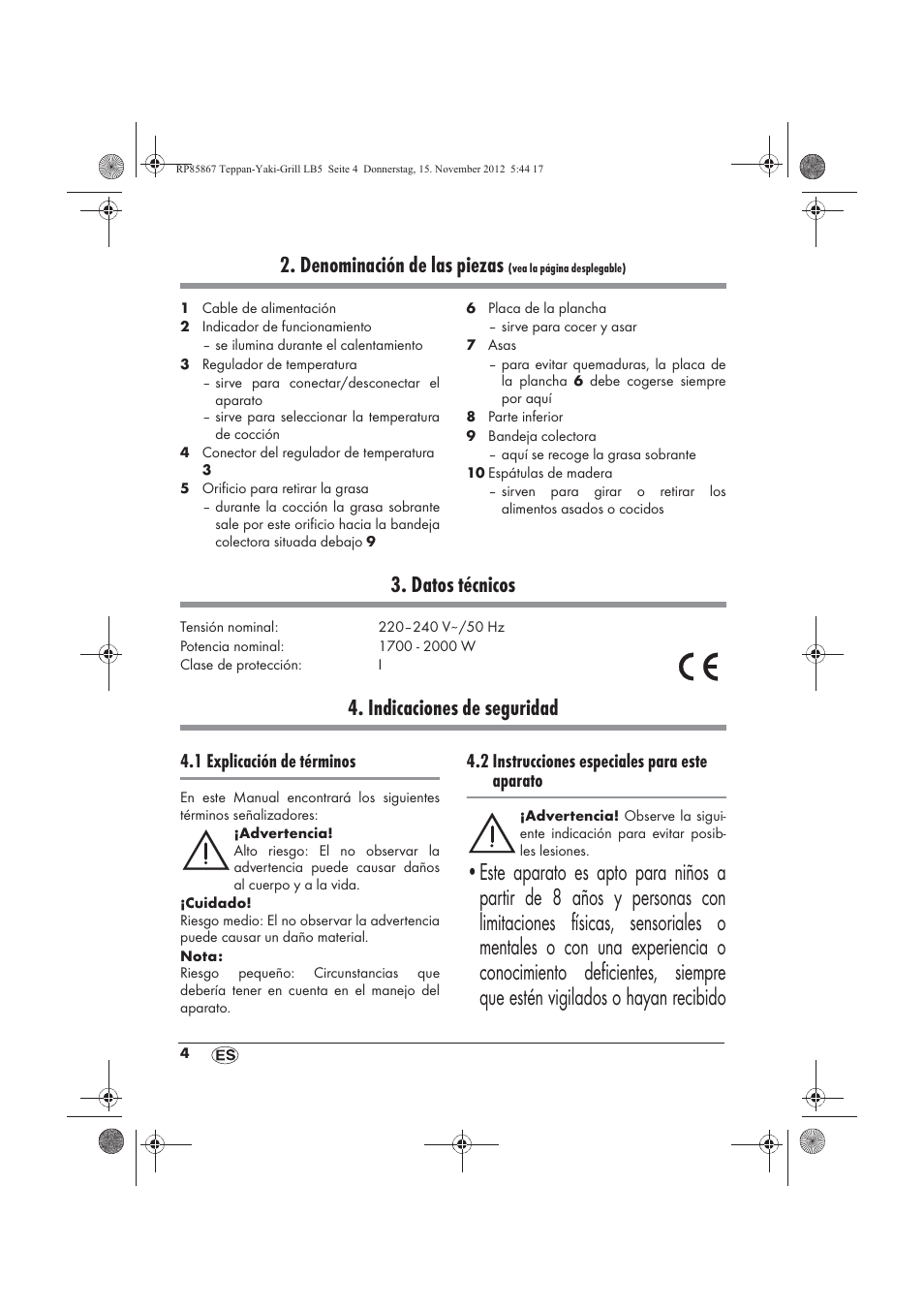 Denominación de las piezas, Datos técnicos, Indicaciones de seguridad | 1 explicación de términos, 2 instrucciones especiales para este aparato | Silvercrest STYG 2000 A2 User Manual | Page 6 / 62