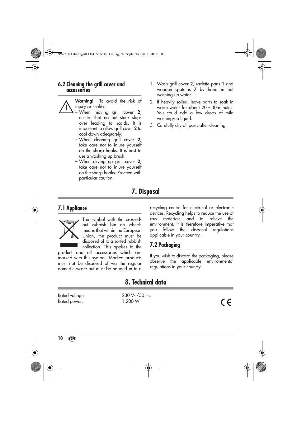 Disposal, Technical data, 2 cleaning the grill cover and accessories | 1 appliance, 2 packaging | Silvercrest STG1200A1 User Manual | Page 12 / 74