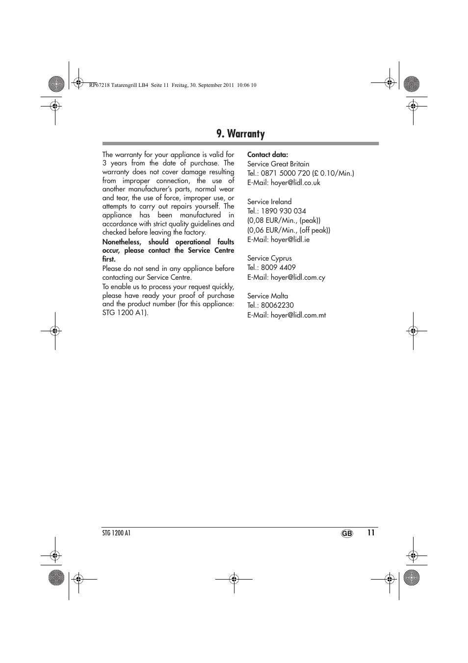 Warranty | Silvercrest STG1200A1 User Manual | Page 13 / 74