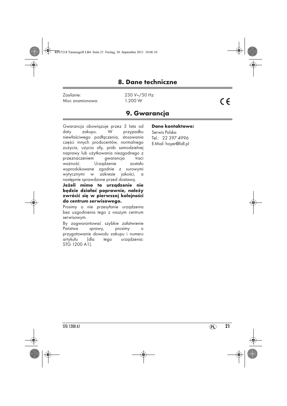 Dane techniczne, Gwarancja | Silvercrest STG1200A1 User Manual | Page 23 / 74