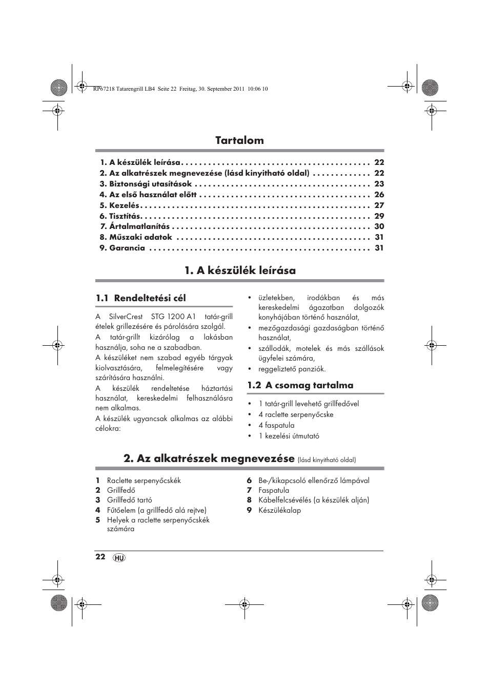 Tartalom, A készülék leírása, Az alkatrészek megnevezése | Silvercrest STG1200A1 User Manual | Page 24 / 74