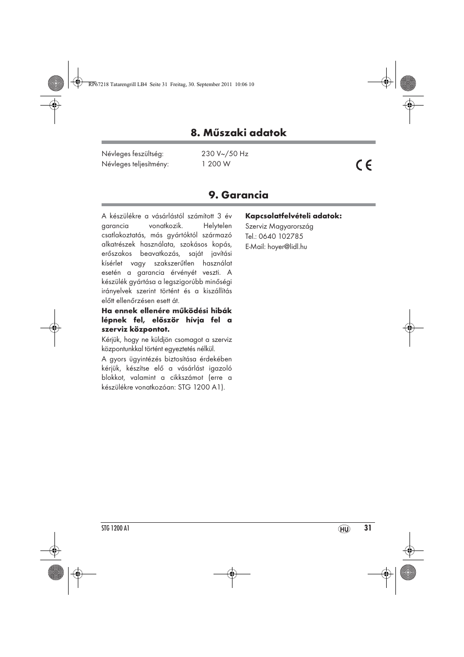 Műszaki adatok, Garancia | Silvercrest STG1200A1 User Manual | Page 33 / 74