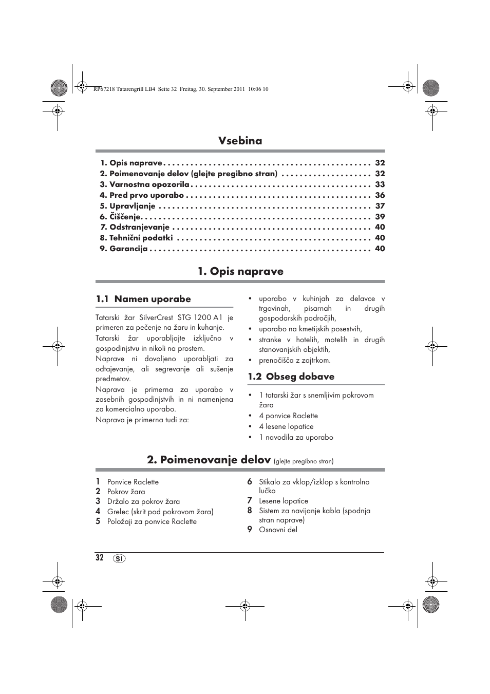 Vsebina, Opis naprave, Poimenovanje delov | Silvercrest STG1200A1 User Manual | Page 34 / 74