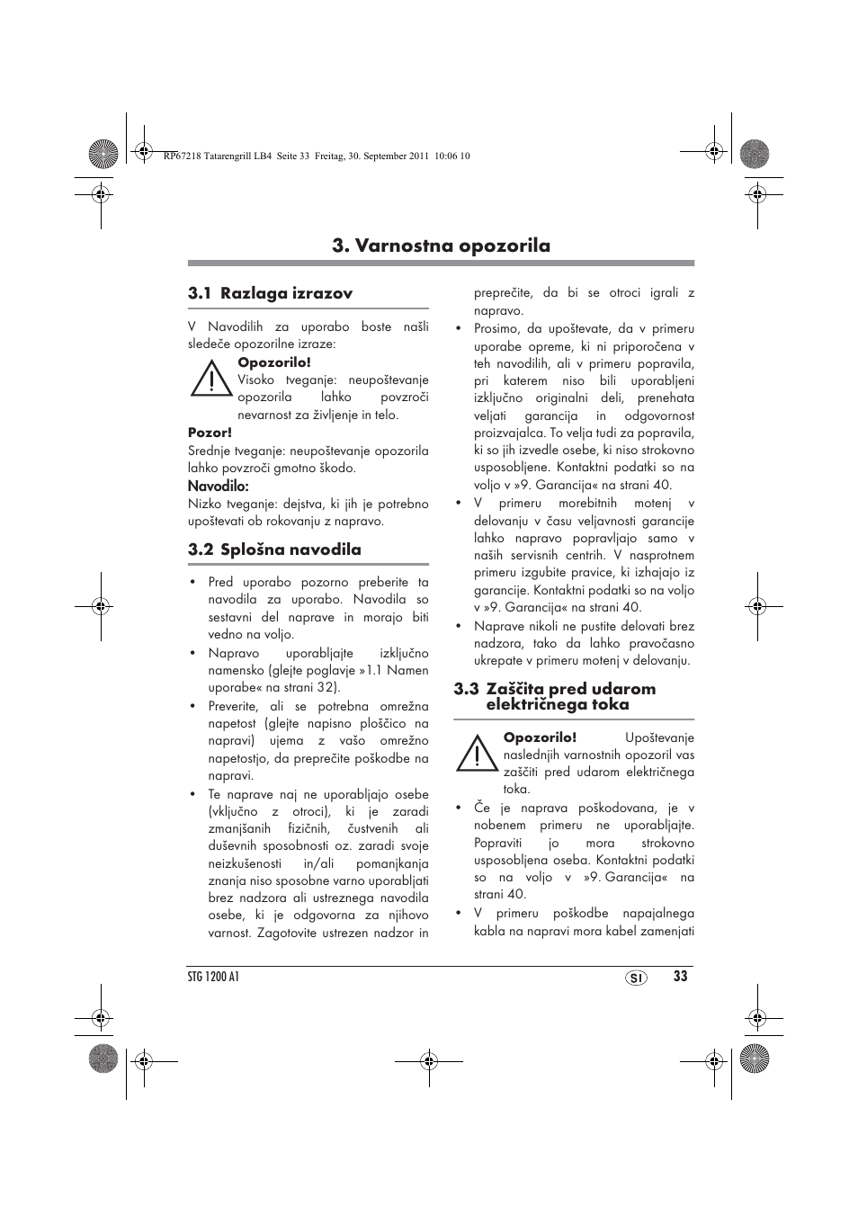 Varnostna opozorila | Silvercrest STG1200A1 User Manual | Page 35 / 74
