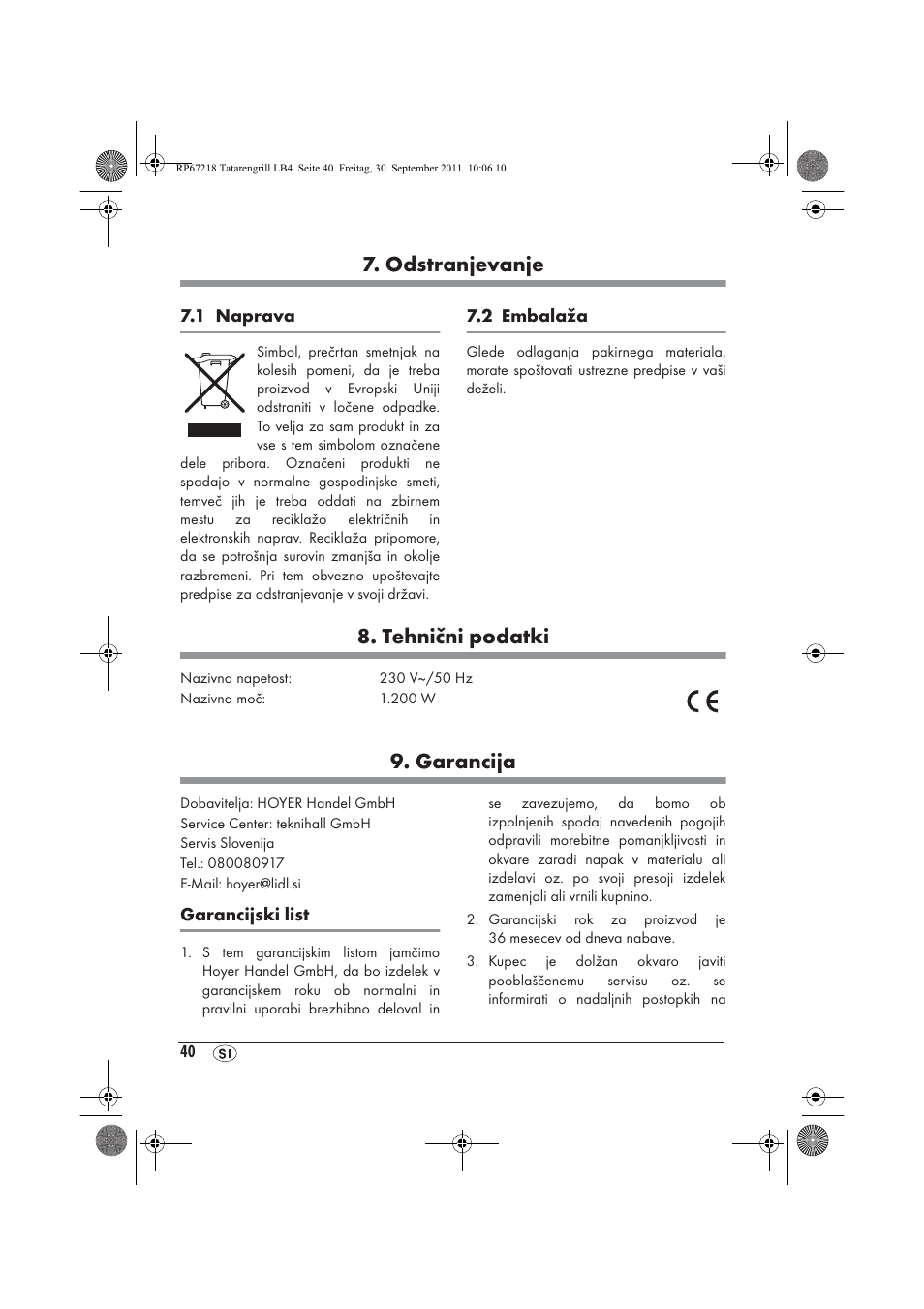 Odstranjevanje, Tehnični podatki, Garancija | Silvercrest STG1200A1 User Manual | Page 42 / 74