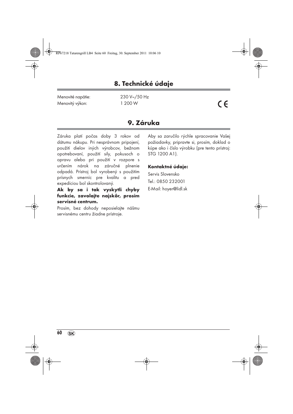 Technické údaje, Záruka | Silvercrest STG1200A1 User Manual | Page 62 / 74