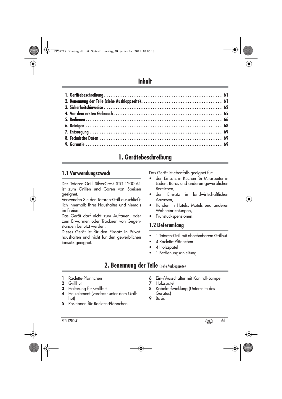 Inhalt, Gerätebeschreibung, Benennung der teile | 1 verwendungszweck, 2 lieferumfang | Silvercrest STG1200A1 User Manual | Page 63 / 74