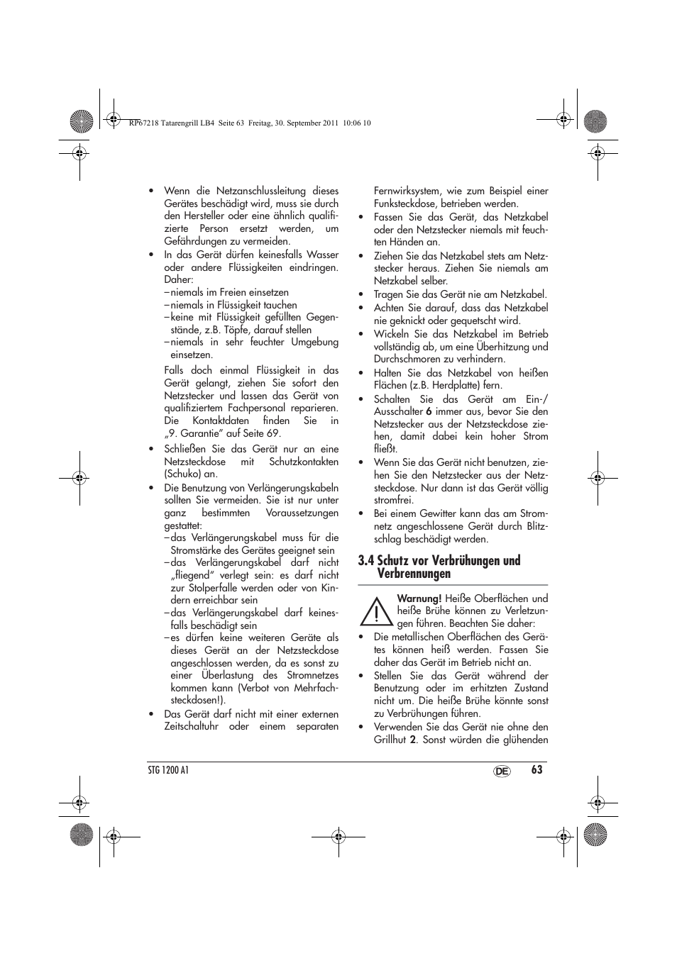 4 schutz vor verbrühungen und verbrennungen | Silvercrest STG1200A1 User Manual | Page 65 / 74