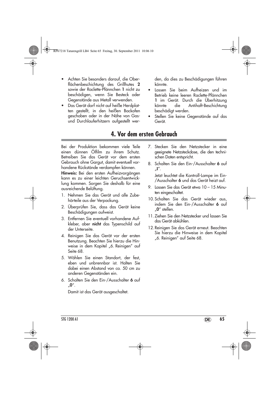 Vor dem ersten gebrauch | Silvercrest STG1200A1 User Manual | Page 67 / 74