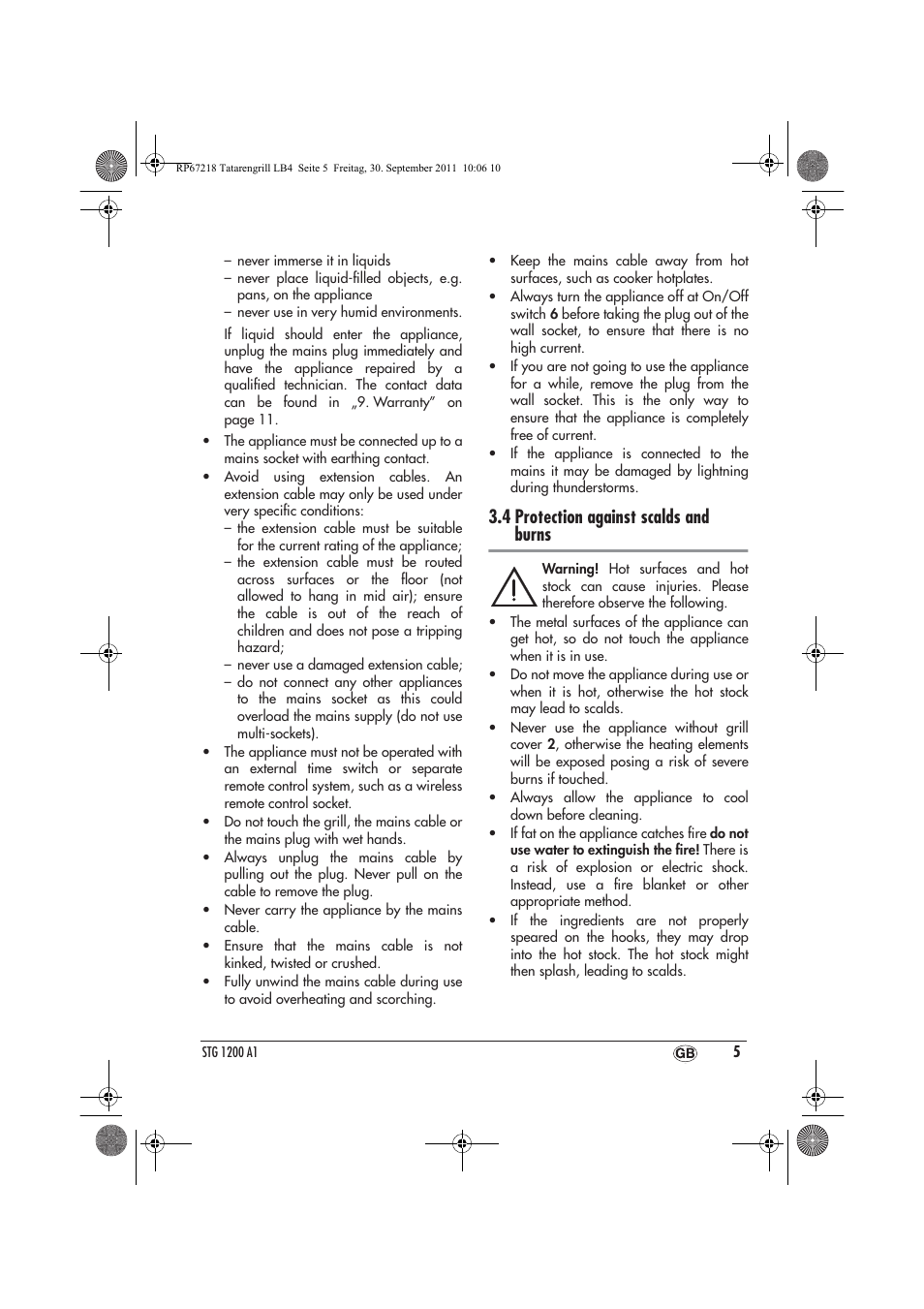 4 protection against scalds and burns | Silvercrest STG1200A1 User Manual | Page 7 / 74