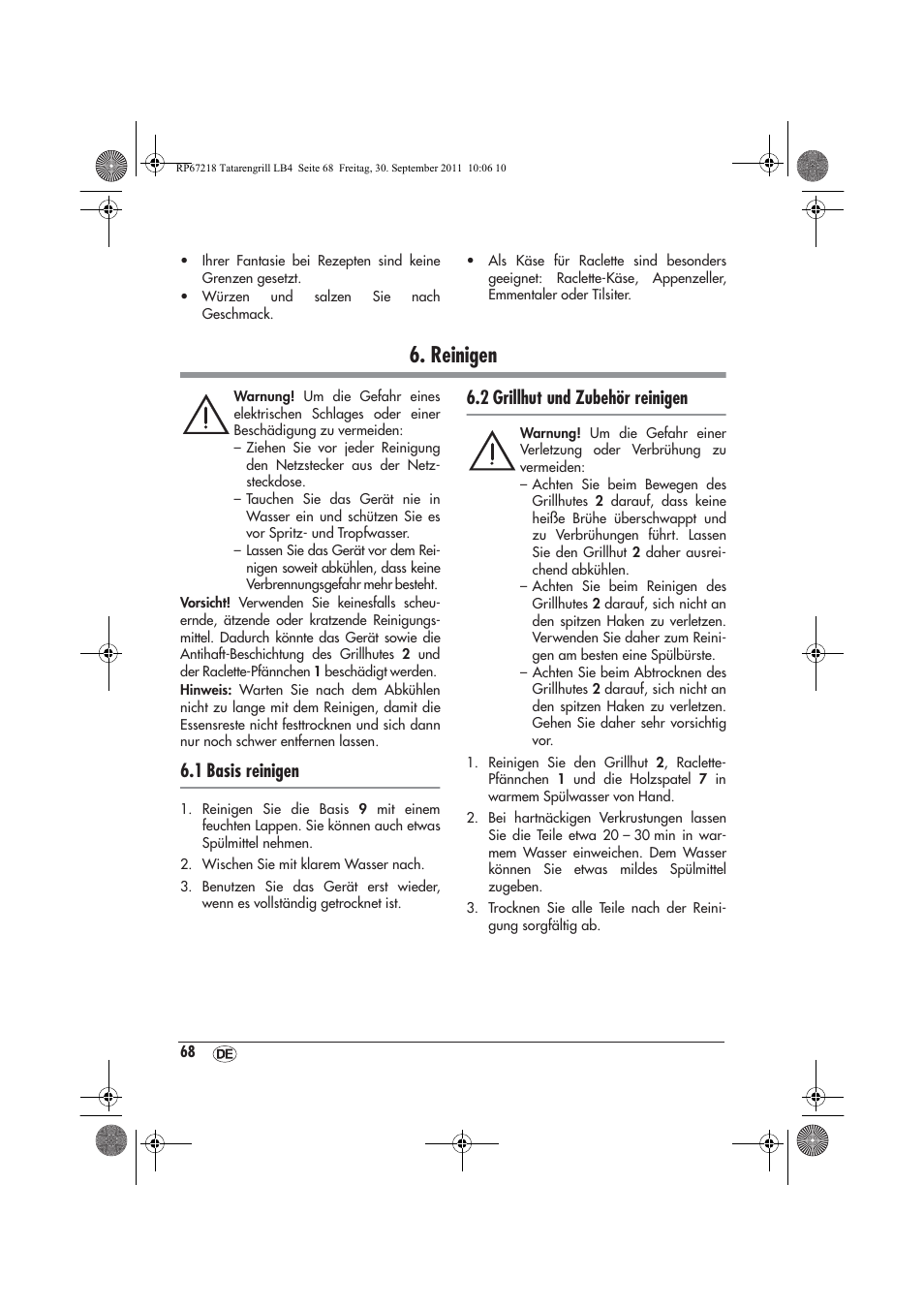 Reinigen, 1 basis reinigen, 2 grillhut und zubehör reinigen | Silvercrest STG1200A1 User Manual | Page 70 / 74