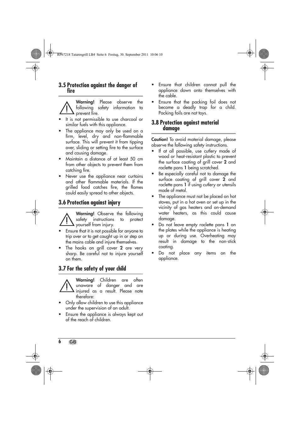 5 protection against the danger of ﬁre, 6 protection against injury, 7 for the safety of your child | 8 protection against material damage | Silvercrest STG1200A1 User Manual | Page 8 / 74