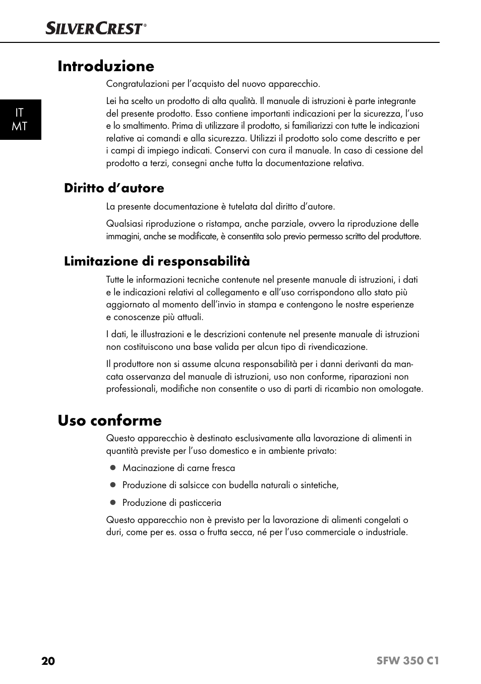 Introduzione, Uso conforme, Diritto d’autore | Limitazione di responsabilità, It mt | Silvercrest SFW 350 C1 User Manual | Page 23 / 93