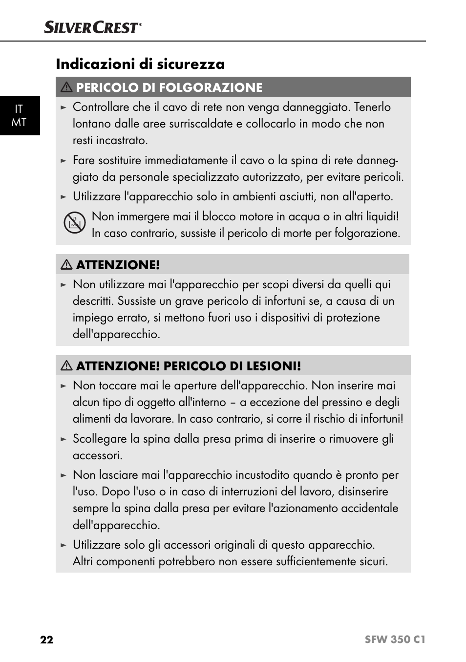 Indicazioni di sicurezza, Pericolo di folgorazione | Silvercrest SFW 350 C1 User Manual | Page 25 / 93