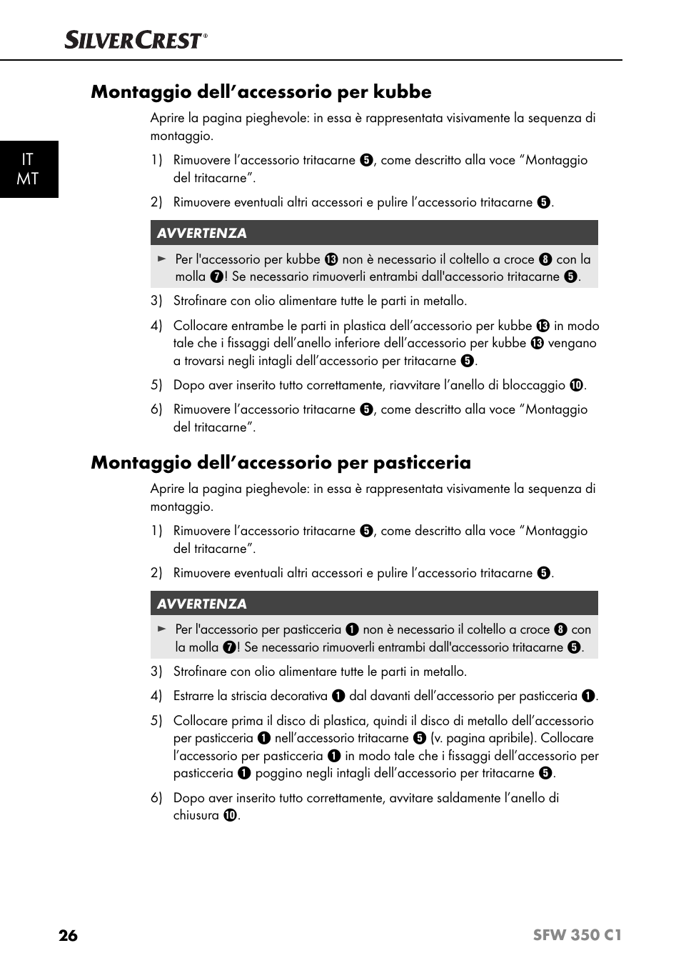 Montaggio dell’accessorio per kubbe, Montaggio dell’accessorio per pasticceria, It mt | Silvercrest SFW 350 C1 User Manual | Page 29 / 93