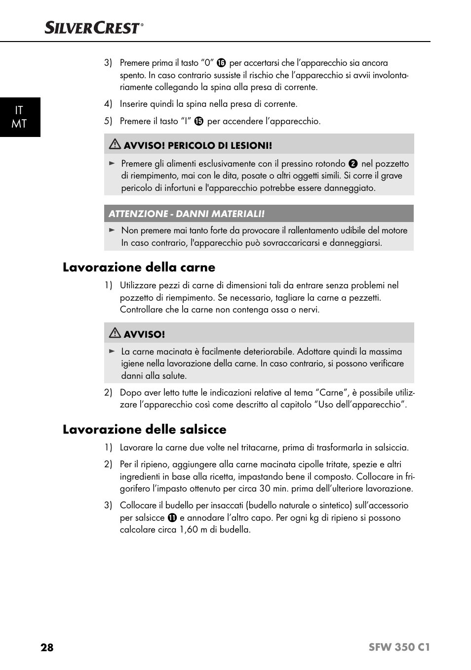 Lavorazione della carne, Lavorazione delle salsicce, It mt | Silvercrest SFW 350 C1 User Manual | Page 31 / 93