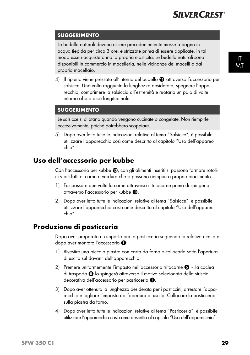 Uso dell’accessorio per kubbe, Produzione di pasticceria, It mt | Silvercrest SFW 350 C1 User Manual | Page 32 / 93