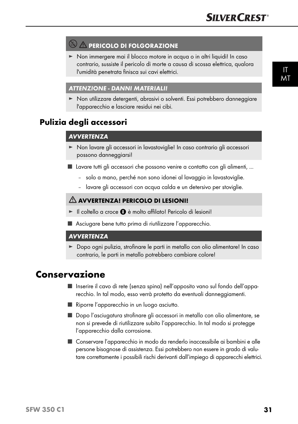 Conservazione, Pulizia degli accessori, It mt | Silvercrest SFW 350 C1 User Manual | Page 34 / 93