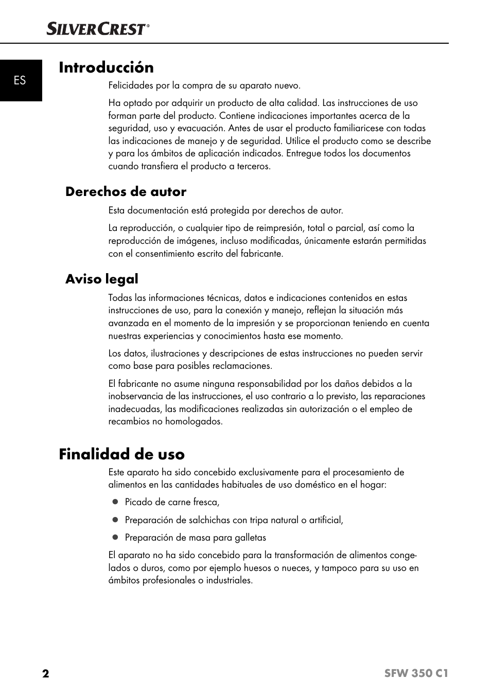 Introducción, Finalidad de uso, Derechos de autor | Aviso legal | Silvercrest SFW 350 C1 User Manual | Page 5 / 93