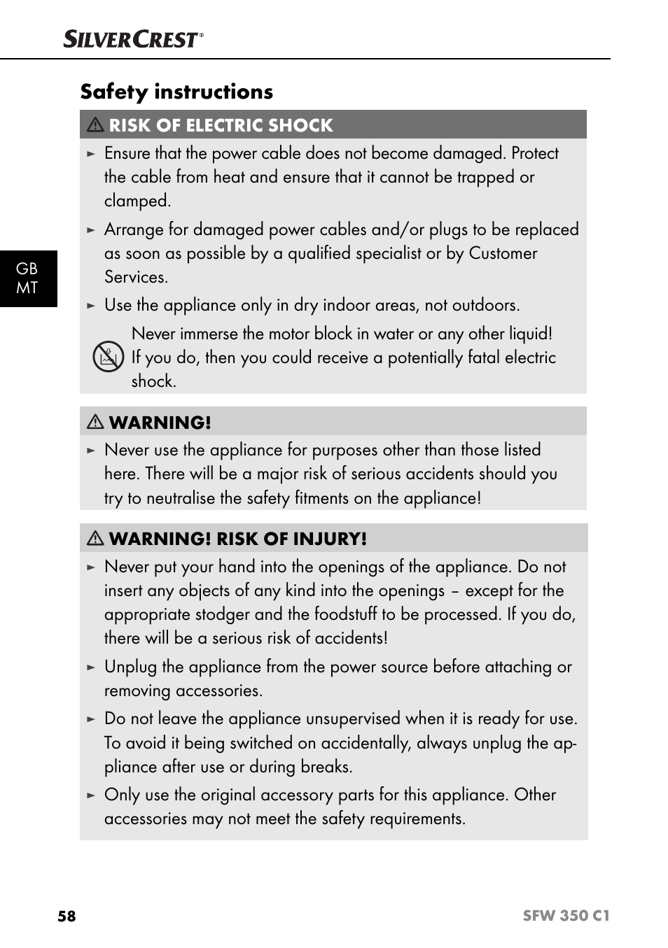 Safety instructions, Risk of electric shock | Silvercrest SFW 350 C1 User Manual | Page 61 / 93