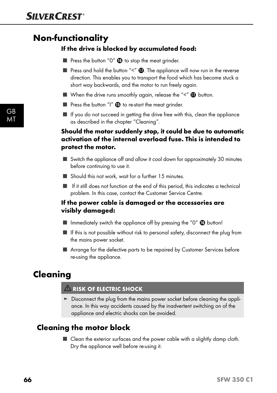 Non-functionality, Cleaning, Cleaning the motor block | Gb mt | Silvercrest SFW 350 C1 User Manual | Page 69 / 93