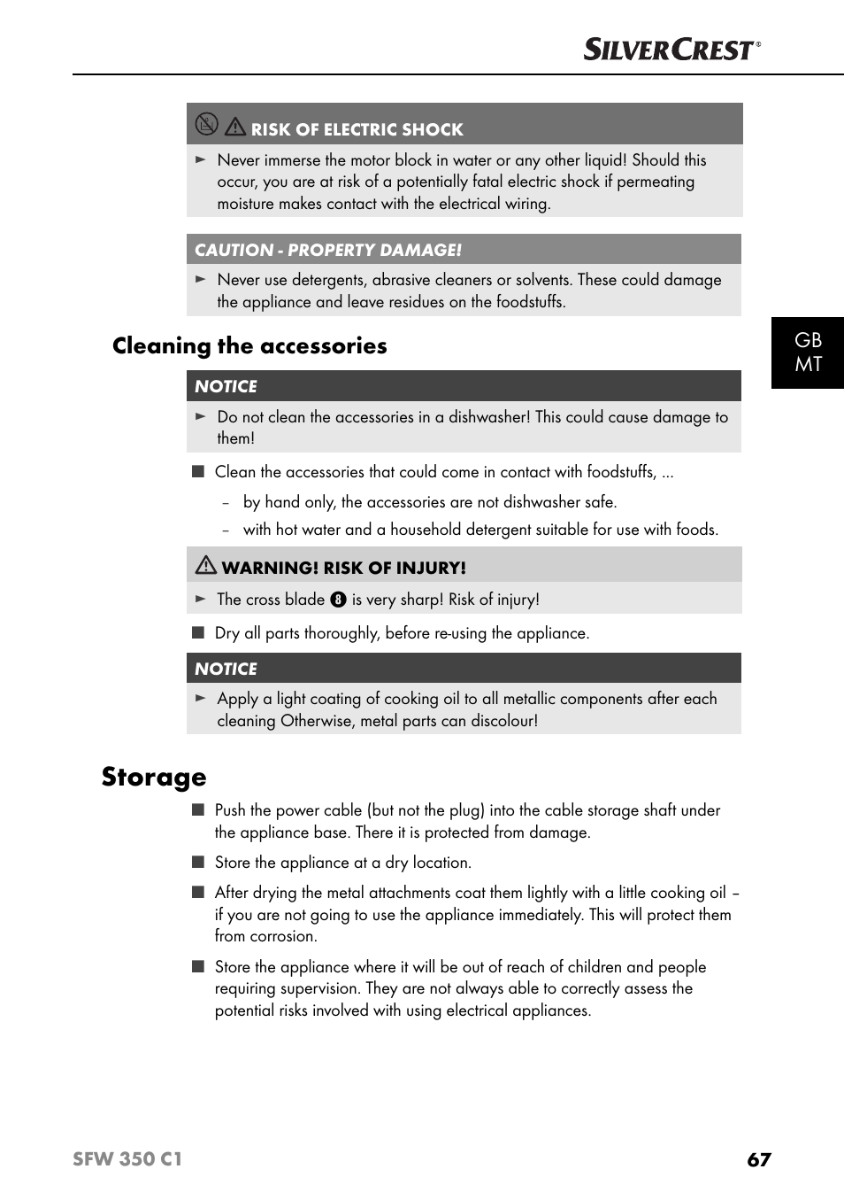 Storage, Cleaning the accessories, Gb mt | Silvercrest SFW 350 C1 User Manual | Page 70 / 93