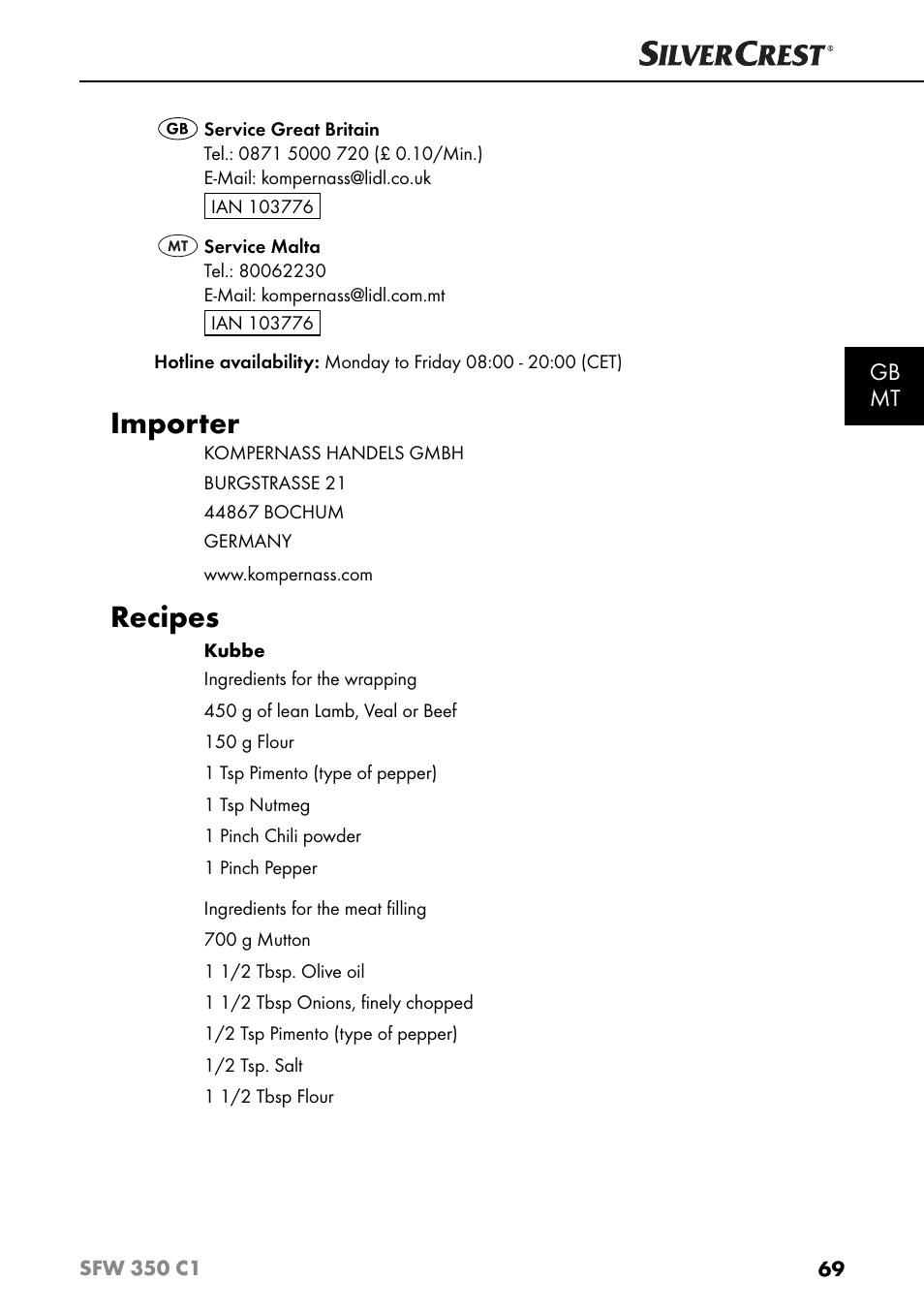 Importer, Recipes, Gb mt | Silvercrest SFW 350 C1 User Manual | Page 72 / 93