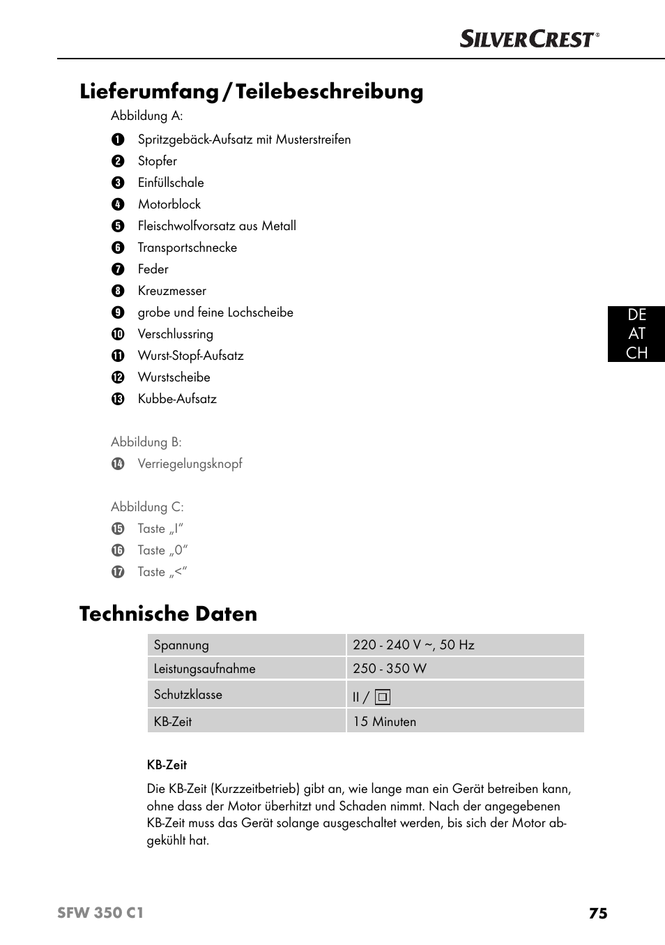 Lieferumfang / teilebeschreibung, Technische daten, De at ch | Silvercrest SFW 350 C1 User Manual | Page 78 / 93