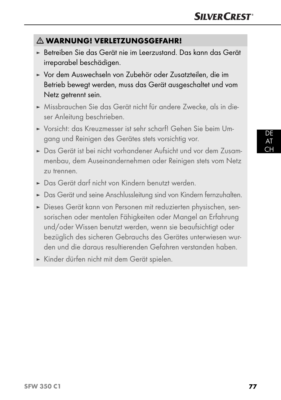 Warnung! verletzungsgefahr, Das gerät darf nicht von kindern benutzt werden, Kinder dürfen nicht mit dem gerät spielen | Silvercrest SFW 350 C1 User Manual | Page 80 / 93