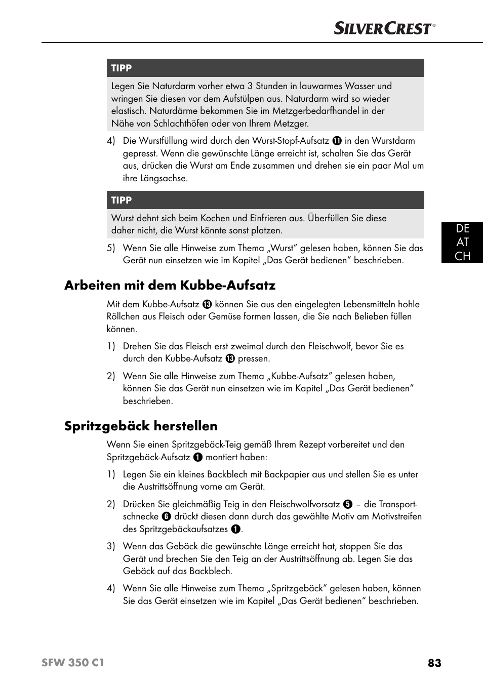 Arbeiten mit dem kubbe-aufsatz, Spritzgebäck herstellen, De at ch | Silvercrest SFW 350 C1 User Manual | Page 86 / 93