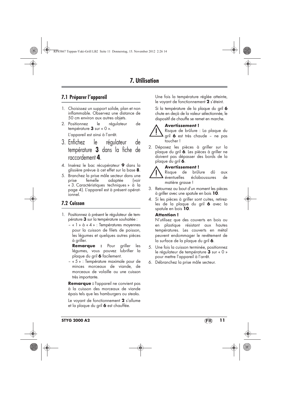 Utilisation, 1 préparer l’appareil, 2 cuisson | Silvercrest STYG 2000 A2 User Manual | Page 13 / 50