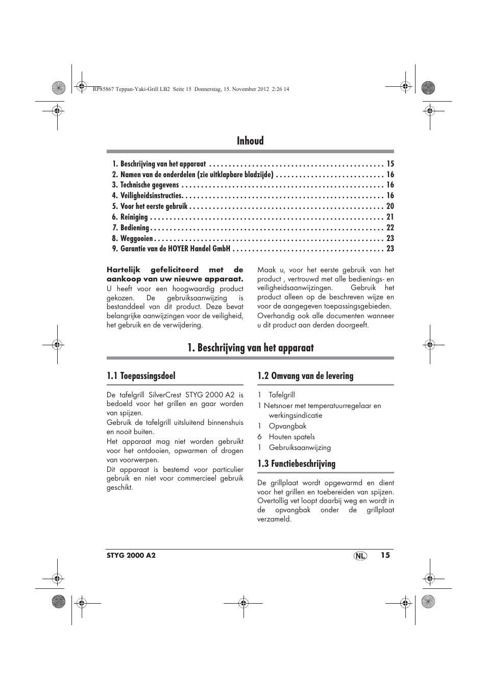 Inhoud, Beschrijving van het apparaat | Silvercrest STYG 2000 A2 User Manual | Page 17 / 50
