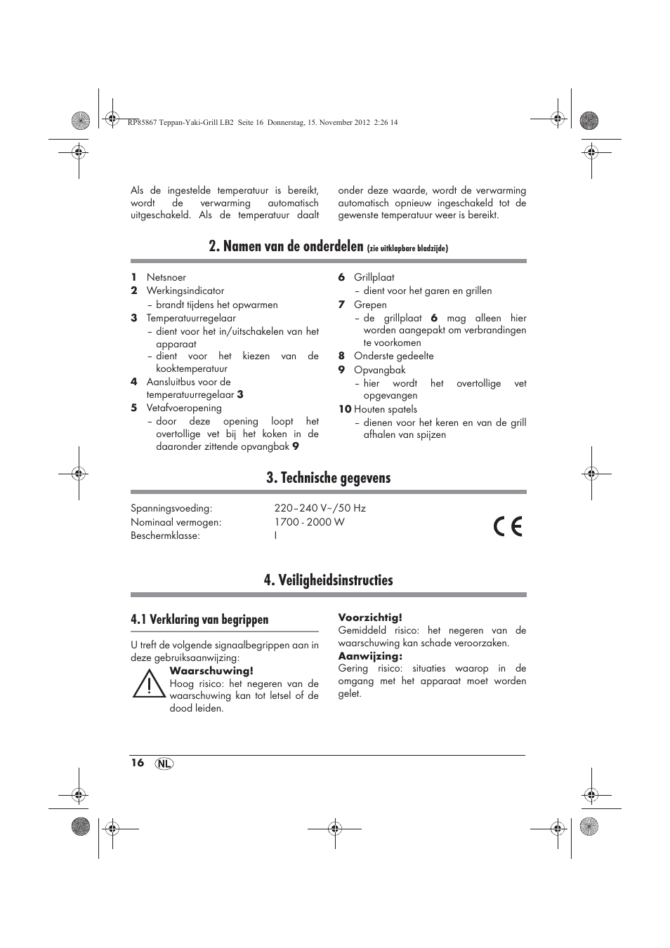 Namen van de onderdelen, Technische gegevens, Veiligheidsinstructies | 1 verklaring van begrippen | Silvercrest STYG 2000 A2 User Manual | Page 18 / 50